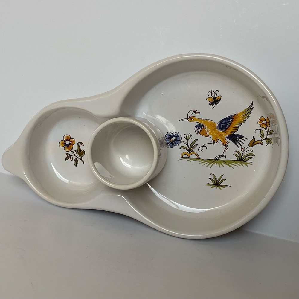 Decors Moustiers France Porcelain Dish Appitizer Tray Bowl Bird and Flowers EUC